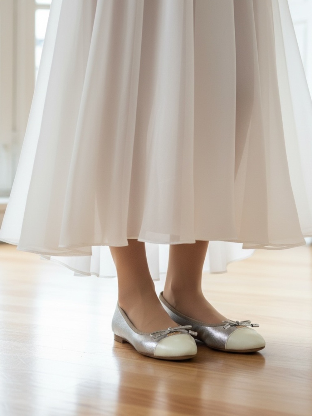 Prada Two-Tone Metallic Silver and Cream Ballet Flats
